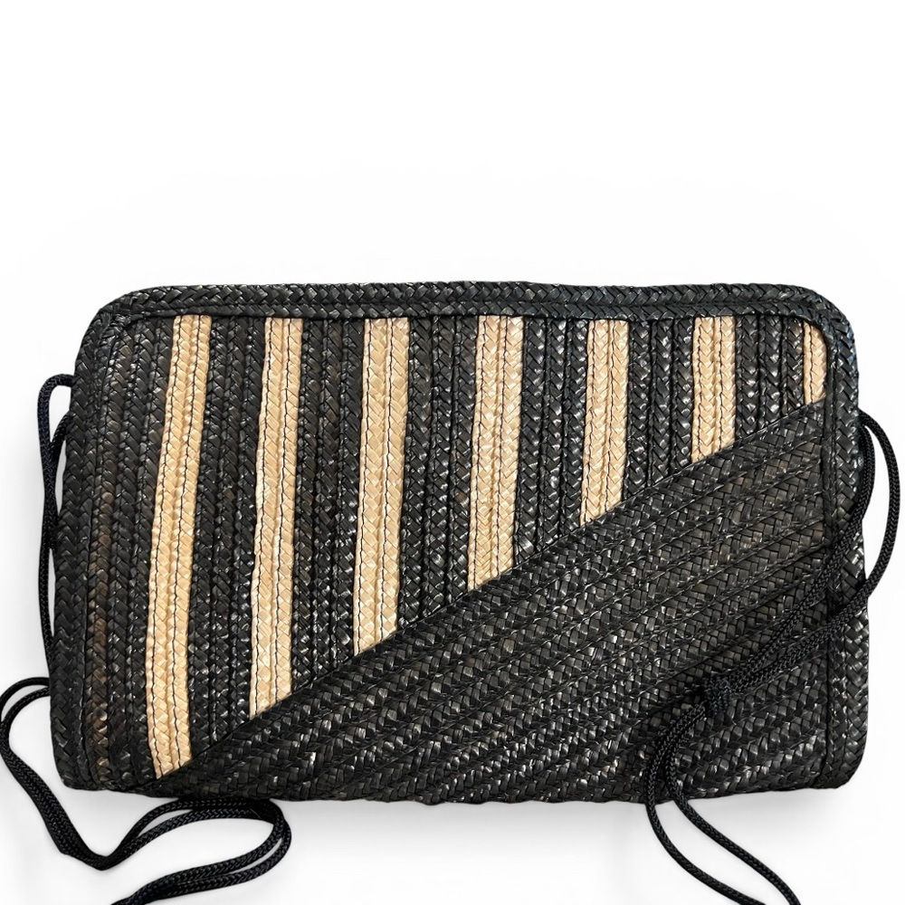 Genie Striped Raffia Black & Natural Rectangle Clutch